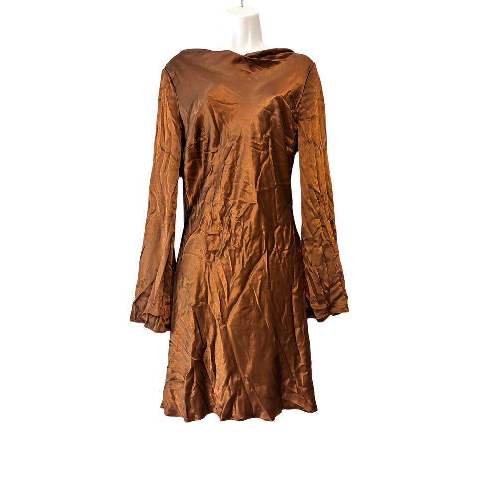 Anthropologie Long Sleeve Silky Satin Cowl Neck Bell Sleeve Mini Dress Brown M